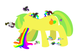 Size: 900x601 | Tagged: safe, artist:princessvanillia, oc, oc only, oc:princess celestialess, oc:princess neon boom, alicorn, changeling, earth pony, pony, multicolored hair, multicolored mane, rainbow, rainbow hair, vomit
