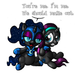 Size: 1592x1554 | Tagged: safe, artist:darkone10, nightmare moon, oc, oc:nyx, g4, almost selfcest, cute, filly, nightmare woon, tumblr:asktwilyandwoon