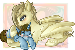 Size: 700x471 | Tagged: safe, artist:mocha-shortcake, blushing, calhoun, fix-it felix jr., hero's duty, hug, ponified, wreck-it ralph