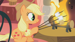 Size: 640x360 | Tagged: safe, screencap, applejack, earth pony, pony, g4, look before you sleep, season 1, applejack's special marshmallows, cropped, dexterous hooves, female, fire, fireplace, golden oaks library, hoof hold, magnetic hooves, mare, marshmallow, meme origin, solo