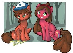 Size: 600x435 | Tagged: safe, artist:mocha-shortcake, braces, dipper pines, forest, gravity falls, hat, mabel pines, male, ponified, tree