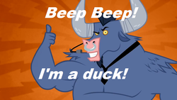 Size: 1152x648 | Tagged: safe, edit, edited screencap, screencap, iron will, duck, minotaur, g4, beep beep, looking at you, male, microphone, necktie, nose piercing, nose ring, op is a duck (reaction image), piercing, septum piercing, smiling, solo, thumbs up