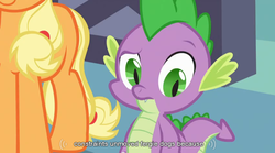 Size: 848x471 | Tagged: safe, screencap, applejack, spike, dragon, earth pony, pony, g4, spike at your service, female, male, mare, youtube caption