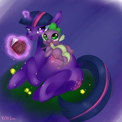 Size: 1024x1024 | Tagged: safe, artist:kikiluv17, spike, twilight sparkle, g4, book, butt, plot