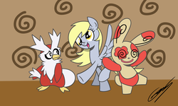 Size: 2000x1200 | Tagged: safe, artist:gearholder, derpy hooves, delibird, pegasus, pony, spinda, g4, crossover, derp, female, mare, pokémon, swirly eyes