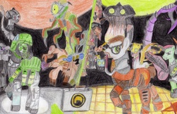 Size: 3432x2220 | Tagged: safe, artist:reflexion-197, headcrab, adrian shepard, crossover, gordon freeman, half-life, ponified, traditional art