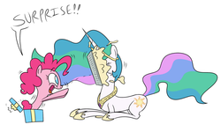 Size: 1280x768 | Tagged: safe, artist:corwin, pinkie pie, princess celestia, earth pony, pony, g4, pie, pied, present, this will end in tears and/or a journey to the moon