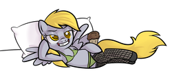 Size: 1123x494 | Tagged: safe, artist:corwin, artist:thex-plotion, derpy hooves, pegasus, pony, g4, bra, bra on pony, clothes, female, fishnet stockings, grin, mare, muffin, on side, pillow, seductive, smiling, stockings, sultry pose, underwear, vector