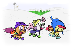 Size: 1500x1000 | Tagged: safe, artist:corwin, apple bloom, scootaloo, sweetie belle, earth pony, pony, unicorn, g4, boots, clothes, cutie mark crusaders, hat, scarf, snow, snowman, winter