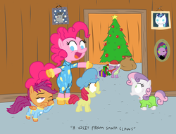 Size: 1700x1300 | Tagged: dead source, safe, artist:corwin, apple bloom, pinkie pie, scootaloo, spike, sweetie belle, earth pony, pony, unicorn, g4, christmas, christmas tree, clothes, cutie mark crusaders, pajamas, present, santa claus, tree, twily face