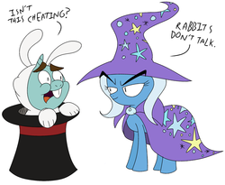 Size: 825x675 | Tagged: dead source, safe, artist:corwin, snips, trixie, pony, g4, bunny costume, bunny out of the hat, clothes, dialogue, hat, magic trick, simple background, top hat, trixie's cape, trixie's hat, white background