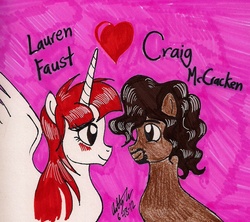 Size: 1231x1094 | Tagged: safe, artist:newyorkx3, oc, oc:fausticorn, alicorn, pony, 2012, craig mccracken, craigstallion, cute, heart, lauren faust, ponified, shipping, text, traditional art