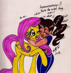 Size: 1219x1245 | Tagged: safe, artist:newyorkx3, fluttershy, human, g4, dialogue, fluttershy does not want, hug, traditional art