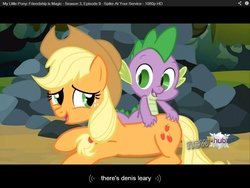 Size: 1024x768 | Tagged: safe, screencap, applejack, spike, dragon, earth pony, pony, g4, spike at your service, butt touch, denis leary, female, hand on butt, male, mare, youtube caption