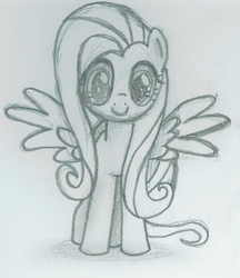 Size: 1222x1417 | Tagged: safe, artist:thexxxx, fluttershy, g4, front view, full body, grin, happy, lineart, looking at you, monochrome, simple background, smiling, spread wings, standing, traditional art, wings