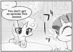 Size: 545x390 | Tagged: safe, rarity, sweetie belle, pony, unicorn, g4, ..., exploitable meme, female, many many pony, meme, monochrome, mug, spit take