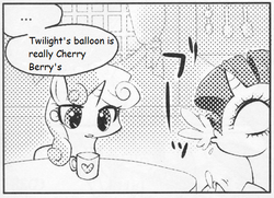 Size: 546x395 | Tagged: safe, cherry berry, rarity, sweetie belle, twilight sparkle, pony, unicorn, g4, ..., exploitable meme, female, hot air balloon, many many pony, meme, monochrome, mug, spit take, twinkling balloon