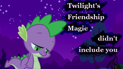 Size: 640x360 | Tagged: dead source, safe, edit, edited screencap, screencap, spike, dragon, boast busters, g4, season 1, forever alone, male, meme, night, sad, solo, spike is not amused, spikeposting, unamused, wingless spike