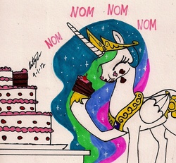 Size: 1065x986 | Tagged: safe, artist:newyorkx3, princess celestia, alicorn, pony, g4, cake, cakelestia, cute, cutelestia, female, nom, solo, traditional art