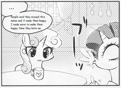 Size: 546x395 | Tagged: safe, rarity, sweetie belle, pony, unicorn, g4, ..., exploitable meme, female, lol, many many pony, meme, meta, monochrome, mug, spit take