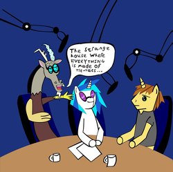 Size: 1024x1019 | Tagged: safe, artist:jewelsfriend, discord, dj pon-3, donut joe, vinyl scratch, g4, comic, crossover, glasses, karl pilkington, parody, ricky gervais, stephen merchant