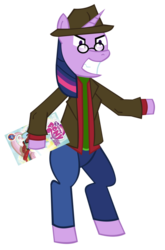 Size: 727x1099 | Tagged: safe, artist:jewelsfriend, twilight sparkle, pony, g4, atop the fourth wall, bipedal, crossover, glasses, hat, linkara