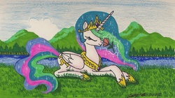 Size: 1627x911 | Tagged: safe, artist:newyorkx3, princess celestia, alicorn, pony, g4, eyes closed, female, flower, prone, solo, traditional art