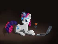 Size: 1000x750 | Tagged: safe, rarity, pony, unicorn, g4, cocktail, computer, drink, female, hair curlers, laptop computer, mare, solo