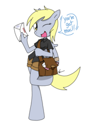 Size: 1351x1944 | Tagged: safe, artist:sandwich-anomaly, derpy hooves, anthro, unguligrade anthro, g4, clothes, cute, female, looking at you, mail, mailbag, open mouth, raised leg, shorts, simple background, smiling, solo, transparent background, wink