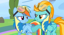 Size: 1595x865 | Tagged: safe, screencap, lightning dust, rainbow dash, g4, my little pony: friendship is magic, wonderbolts academy, wonderbolt trainee uniform, youtube caption, youtube link