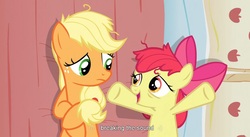Size: 1579x863 | Tagged: safe, edit, edited screencap, screencap, apple bloom, applejack, earth pony, pony, apple family reunion, g4, bed, caption, female, filly, hatless, mare, messy mane, missing accessory, on back, pillow, youtube caption, youtube link