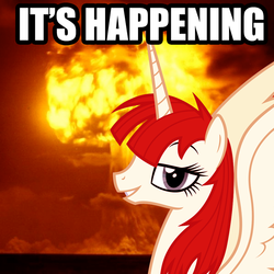 Size: 800x800 | Tagged: safe, oc, oc only, oc:fausticorn, alicorn, pony, doom faust, doom paul, explosion, female, image macro, it's happening, lauren faust, looking at you, mare, solo