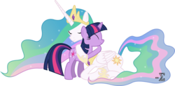 Size: 12170x6060 | Tagged: safe, artist:90sigma, princess celestia, twilight sparkle, alicorn, pony, unicorn, g4, absurd resolution, duo, duo female, female, hug, jewelry, mare, momlestia, regalia, simple background, transparent background, vector