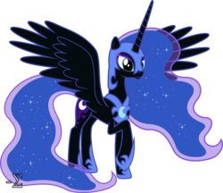 Size: 8820x7610 | Tagged: safe, artist:90sigma, nightmare moon, princess luna, pony, g4, absurd resolution, dilated pupils, female, nicemare moon, nightmare luna, raised hoof, simple background, smiling, solo, spread wings, transparent background, vector