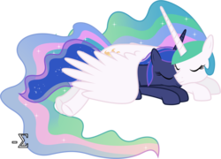 Size: 8810x6330 | Tagged: safe, artist:90sigma, princess celestia, princess luna, alicorn, pony, g4, absurd resolution, cute, duo, duo female, female, mare, royal sisters, simple background, sleeping, snuggling, transparent background, vector, wing blanket, winghug