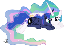Size: 8810x6330 | Tagged: safe, artist:90sigma, princess celestia, princess luna, alicorn, pony, g4, absurd resolution, cute, duo, duo female, female, mare, prone, royal sisters, siblings, simple background, sisters, snuggling, transparent background, vector