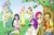 Size: 1224x792 | Tagged: safe, artist:full-on-zombie, applejack, fluttershy, pinkie pie, princess celestia, rainbow dash, rarity, spike, twilight sparkle, human, g4, belly button, bracelet, breasts, busty applejack, busty fluttershy, busty pinkie pie, busty twilight sparkle, cleavage, clothes, dress, female, humanized, jewelry, mane seven, mane six, mary janes, midriff, shorts, skirt, sweatband, wristband