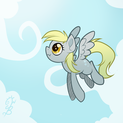 Size: 800x800 | Tagged: dead source, safe, artist:thenecrobalam, derpy hooves, pegasus, pony, g4, cloud, cloudy, female, flying, scrunchy face, sky, solo, wavy mouth