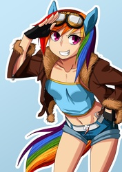 Size: 842x1191 | Tagged: safe, artist:ultraspank, rainbow dash, human, g4, adorasexy, belt, clothes, cute, eared humanization, female, goggles, humanized, legs, sexy, shorts, solo, tailed humanization