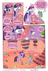 Size: 677x993 | Tagged: safe, artist:brenda hickey, spike, twilight sparkle, comic:keep calm and party on, g4, comic, golden oaks library, messy