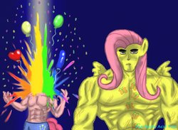 Size: 750x550 | Tagged: safe, artist:zap-apple-acid-trip, fluttershy, pinkie pie, anthro, g4, balloon, blood, crossover, death, decapitation, exploding head, hokuto no ken, kenshiro, muscles, muscleshy, parody, pinkie pump, rainbow blood