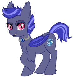 Size: 384x409 | Tagged: safe, artist:lulubell, oc, oc only, oc:night watch, bat pony, pony, alternate design, barbell piercing, bridge piercing, choker, ear fluff, fangs, folded wings, hoof fluff, night guard, open mouth, open smile, piercing, simple background, smiling, transparent background, wings