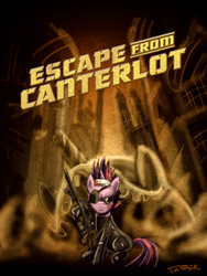 Size: 1500x2000 | Tagged: safe, artist:pluckyninja, twilight sparkle, pony, g4, bandage, clothes, crossover, escape from new york, eyepatch, female, future twilight, gun, movie poster, parody, solo, weapon