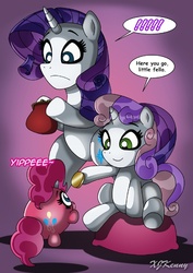 Size: 550x779 | Tagged: safe, artist:xjkenny, pinkie pie, rarity, sweetie belle, pony, g4, bipedal, exclamation point, pinkie bank, speech, trio