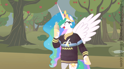 Size: 1280x719 | Tagged: safe, edit, editor:i-shooped-a-pwny, princess celestia, pony, g4, banana, bipedal, trollestia