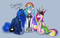 Size: 858x548 | Tagged: safe, artist:sedde, princess cadance, princess celestia, princess luna, alicorn, pony, g4, alicorn triarchy, choker, chokerlestia, clothes, dress, female, hat, hoof shoes, luna is not amused, mare, monocle, serious hat, shirt, sillestia, silly, silly hat, sitting, t-shirt, trio, trio female, unamused