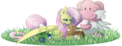 Size: 1532x588 | Tagged: safe, artist:ruaniamh, fluttershy, blissey, eevee, firefly (insect), oddish, piplup, g4, c:, crossover, cute, eyes closed, grass, hug, lidded eyes, pokémon, prone, simple background, sleeping, smiling, transparent background, winghug