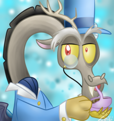 Size: 659x700 | Tagged: safe, artist:leibi97, discord, g4, keep calm and flutter on, classy, hat, monocle, tea, top hat