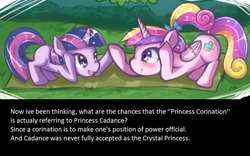 Size: 930x580 | Tagged: safe, princess cadance, twilight sparkle, alicorn, pony, unicorn, a canterlot wedding, g4, alicorn drama, fan theory, female, ladybugs-awake, mare, open mouth, siblings, sisters, speculation, sunshine sunshine