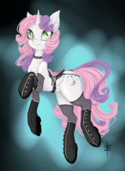 Size: 500x683 | Tagged: safe, artist:tt-n, sweetie belle, pony, unicorn, g4, boots, choker, clothes, ear piercing, female, hoof boots, mare, older, piercing, saddle, solo, stockings